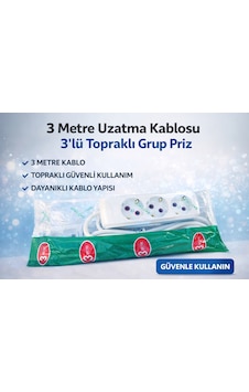 3 Metre Uzatma Kablosu 3 Lü Topraklı Grup Priz 16a Dayanıklı Kablo