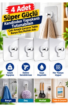 4 Adet Süper Güçlü Kendinden Yapışkanlı Tutunabilen Çok Amaçlı Çerçeve Tablo Banyo Duş Mutfak Askı Beyaz - Şeffaf
