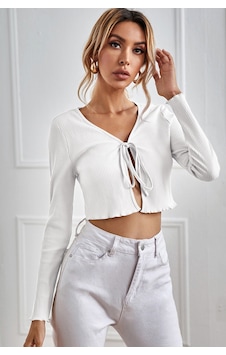 Fantezia Night Kadın Beyaz Uzun Kollu Önden Bağlama Detaylı Crop Top Bluz