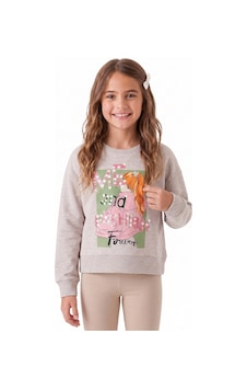 Onloox Kız Çocuk Bej Melanj Kız Çocuk Bej Melanj Pamuklu Bisiklet Yaka Regular Pullu Baskılı Sweatshirt 8-9 Yaş