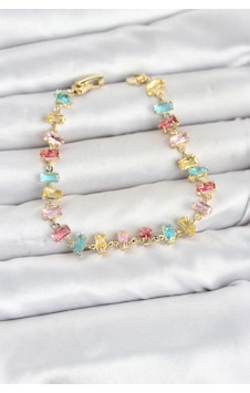 Kristal Taşlı Baget Kesimli Karışık Renkli Gold Renk Gema Kadın Bileklik Kristal Taşlı Baget Kesimli Karışık Renkli Gold Renk Gema Kadın Bileklik