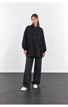 Mitodo Oversize Dik Yaka Fermuarlı Cepli Premium Modal Düşük Kol Kadın Sweatshirt Tunik SiYAH