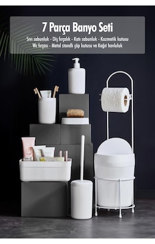 7 Parça Beyaz Banyo Seti Metal Stantlı Kovalı Wc Kağıtlık Kozmetik Kutusu Fırçalık Ve Sabunlukla Açık Altın 7 Parça Beyaz Banyo Seti Metal Stantlı Kovalı Wc Kağıtlık Kozmetik Kutusu Fırçalık Ve Sabunlukla Açık Altın