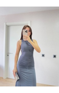 Veraura Lifestyle Kolsuz Büzgülü Uzun Elbise - Füme Veraura Lifestyle Kolsuz Büzgülü Uzun Elbise - Füme