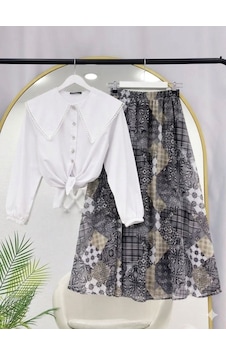 Lovie Moda Kadın Beyaz Fisto Gömlek Beli Lastikli Desenli Şifon Etek Takım - Siyah Lovie Moda Kadın Beyaz Fisto Gömlek Beli Lastikli Desenli Şifon Etek Takım - Siyah