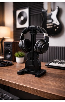 Şık Ve Dekoratif Gitar Görselli Kulaklık Standı Siyah
