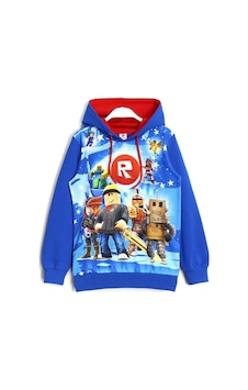 Roblox Oyun Baskılı Erkek Çocuk Kapşonlu Sweatshirt 5 - 10 Yaş Saks Mavi