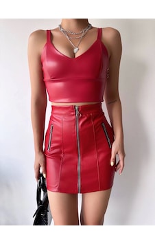 Kazax Üç Fermuarlı Deri Etek Bordo S24510 Bordo