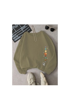 Tarzsokak Astronot Ve Gezegen Baskılı Üç İplik Ünisex Oversize Sweatshirt Bej Tarzsokak Astronot Ve Gezegen Baskılı Üç İplik Ünisex Oversize Sweatshirt Bej