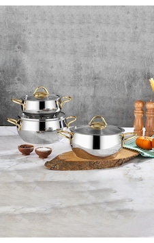 Polochef Pro Line 18/10 Paslanmaz Çelik Tencere Seti Kapaklı 6 Parça Gold Gümüş Polochef Pro Line 18/10 Paslanmaz Çelik Tencere Seti Kapaklı 6 Parça Gold Gümüş