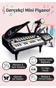 Pembe 24 Tuşlu Mikrofonlu Org Müzik Seti - Telefon Bağlantılı Işıklı Eğitici Çocuk Piyanosu
