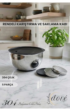 Rendeli Karıştırma Çırpma Ve Saklama Kabı 5 Parça Derin Yapılı Hamur Yoğurmaya Uygun Gümüş