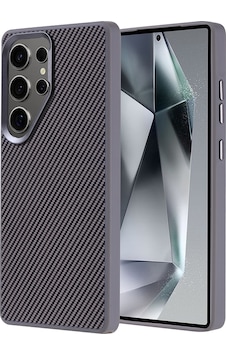 Galaxy S25 Ultra Kılıf M-safe Şarj Özellikli Karbon Fiber Görünümlü Zore Troy Kapak Gri