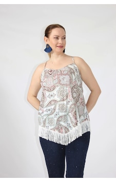 Moda Berray 3280 Etnik Desenli Eteği Saçaklı İnce Askılı Yazlık Bluz Beyaz