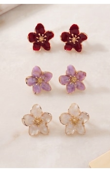 Mor Bordo Sakura Çiçek 3'lü Set Küpe Renkli Mor Bordo Sakura Çiçek 3'lü Set Küpe Renkli