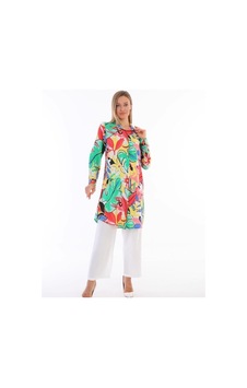 Polologin Butik Çiçek Ve Yaprak Desenli Viskon Tunik Yeşil Polologin Butik Çiçek Ve Yaprak Desenli Viskon Tunik Yeşil