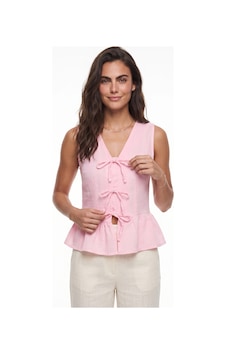 Onloox Kadın Pembe Pembe Pamuklu Müslin V Yaka Peplum Form Önden Fiyonk Bağlamalı Detaylı Kolsuz Bluz Onloox Kadın Pembe Pembe Pamuklu Müslin V Yaka Peplum Form Önden Fiyonk Bağlamalı Detaylı Kolsuz Bluz