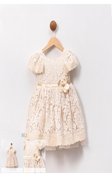 Kız Çocuk Bej Güpür Desenli Tütülü Çiçek Aksesuarlı Tüllü Elbise-1339 Bej Kız Çocuk Bej Güpür Desenli Tütülü Çiçek Aksesuarlı Tüllü Elbise-1339 Bej