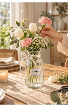 Porsima 04286 Çizgili Cam Vazo 1300 Ml Kurdele Detaylı Şeffaf Vazosu 22 Cm