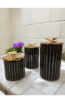 3'lü Çizgili Dekoratif Kavanoz Seti - Siyah Siyah