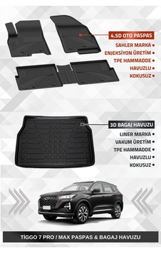 Sahler Chery Tiggo 7 Pro / Max 2022+ Uyumlu 4.5d Premium Havuzlu Paspas Ve Liner Marka 3d Bagaj Havu