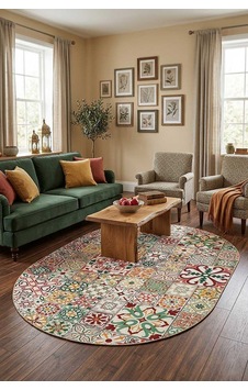 Frenda Home Çini Desenli Pamuk Taban Yıkanabilir Baskılı Oval Halı Kırmızı Frenda Home Çini Desenli Pamuk Taban Yıkanabilir Baskılı Oval Halı Kırmızı