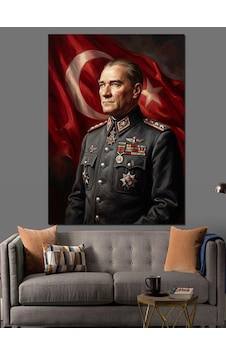 Atatürk Al Bayrak Önünde Üniformalı Dekoratif Kanvas - Mdf Ahşap Tablo Atatürk Al Bayrak Önünde Üniformalı Dekoratif Kanvas - Mdf Ahşap Tablo