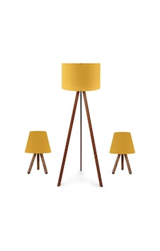 Pratik Tripod Lambader Ve İki Adet Ahşap Üç Ayaklı Abajur Ceyiz Seti Sarı Kumaş Pratik Tripod Lambader Ve İki Adet Ahşap Üç Ayaklı Abajur Ceyiz Seti Sarı Kumaş
