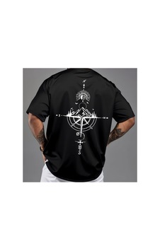 Caddemia Yaz Rahat Spor Gevşek Boy Retro Pusula Baskılı Rahat Yuvarlak Boyun Kısa Siyah 2XL Caddemia Yaz Rahat Spor Gevşek Boy Retro Pusula Baskılı Rahat Yuvarlak Boyun Kısa Siyah 2XL
