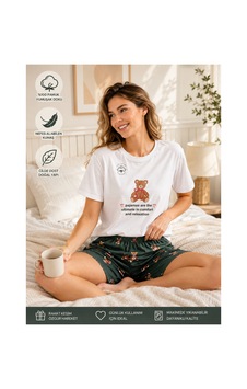 Uğur Bebe Mihra %100 Pamuk Kadın Şortlu Pijama Takımı Ayıcık Baskılı Kısa Kollu Yazlık Rahat Ev Giyim Beyaz Beyaz