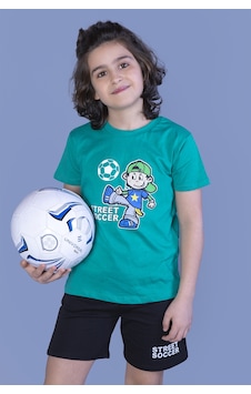 Toontoy Erkek Çocuk 2'li Takım Baskılı Bisiklet Yaka Tişört & Beli Lastikli Cepli Şort Yeşil
