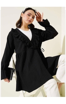 Lovie Moda Kadın Yaka Fırfırlı Kimono Siyah