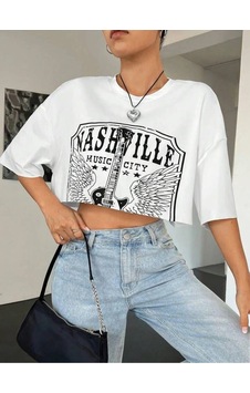 Bigümex Kadın Gitar Baskılı Oversize Crop T-shirt Beyaz