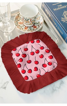 Lüks Kirazlı Saçaklı Dekoratif Kumaş Peçete - Neşeli Pembe Retro Kırmızı Bardak Altlığı Mendil Lüks Kirazlı Saçaklı Dekoratif Kumaş Peçete - Neşeli Pembe Retro Kırmızı Bardak Altlığı Mendil