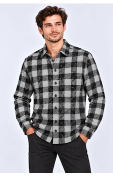 Biçomi Erkek Termal Dokulu Şardonlu Regular Fit Ekose Oduncu Gömlek Batik Yıkamalı Siyah