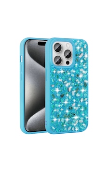 Apple iPhone Uyumlu 15 Pro Kılıf Parlak Taşlı Tasarım Zore Linea Diamond Kapak Mavi Açık Apple iPhone Uyumlu 15 Pro Kılıf Parlak Taşlı Tasarım Zore Linea Diamond Kapak Mavi Açık