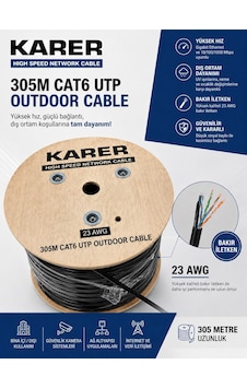 Karer 305 Metre Cat6 Utp Outdoor Dış Ortam İnternet Ve Güvenlik Kamera Kablosu 23 Awg Bakır İletken Karer 305 Metre Cat6 Utp Outdoor Dış Ortam İnternet Ve Güvenlik Kamera Kablosu 23 Awg Bakır İletken