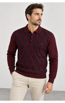 Sabri Özel Erkek Polo Yaka Baklava Desenli Triko Kazak - Klasik Kesim Uzun Kollu Sm23wt22038-3334-bordo Sabri Özel Erkek Polo Yaka Baklava Desenli Triko Kazak - Klasik Kesim Uzun Kollu Sm23wt22038-3334-bordo