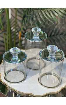 Gümüş Detaylı Kristal Kapaklı Cam Kavanoz Seti 3 Lü Lüks Çok Amaçlı Kavanoz