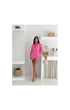 Wellway Keten Kumaş Oversize Gömlek & Şort İkili Takım-pembe Pembe Wellway Keten Kumaş Oversize Gömlek & Şort İkili Takım-pembe Pembe