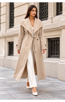 Polo State Kadın Geniş Yaka İnce Kemerli Oversize Uzun Trençkot - Bej Polo State Kadın Geniş Yaka İnce Kemerli Oversize Uzun Trençkot - Bej