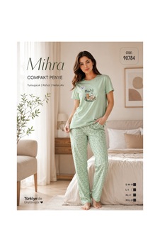 Uğur Bebe Mihra Kadın Kısa Kollu , Uzun Alt , Yeşil Pijama Takımı %100 Pamuk Yumuşak Dokulu Nefes Alan Ev Giyimi Yeşil Yeşil