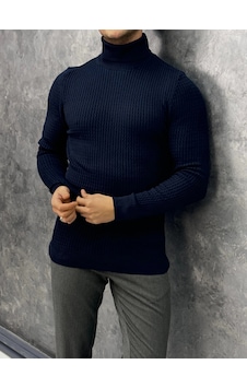 Modefendi Slim Fit İtalyan Kesim Balıksırtı Rengi Tam Boğazlı Kazak Lacivert