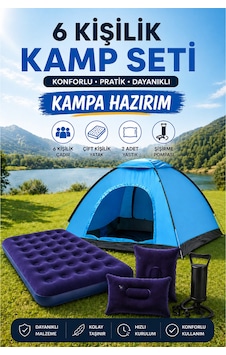 6 Kişilik Kamp Çadırı Çift Kişilik Yatak Ve Yastık Kamp Seti Mavi 6 Kişilik Kamp Çadırı Çift Kişilik Yatak Ve Yastık Kamp Seti Mavi