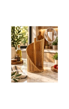 Rattan Kâğıt Havluluk Standlı Bambu Direkli Mutfak Kâğıt Havlu Tutacağı Dekoratif Havluluk Bambu Havluluk Bej Bej