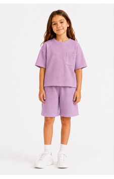 Monox Unisex 5-12 Yaş Petek Dokulu Oversize Yazlık Şort Tişört Takım Lila Monox Unisex 5-12 Yaş Petek Dokulu Oversize Yazlık Şort Tişört Takım Lila