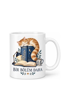 Bir Bölüm Daha Kitap Ve Uyuyan Kedi Tasarımlı Porselen Kupa Diğer Bir Bölüm Daha Kitap Ve Uyuyan Kedi Tasarımlı Porselen Kupa Diğer