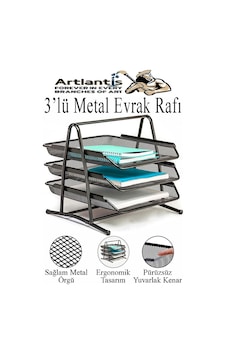 Renkli Metal Evrak Rafı 3 Lü 1 Paket Masa Üstü A4 Dosya Düzenleyici Kağıt Tepsisi Metal Fileli Üç Katlı Hareketli Perfore Siyah