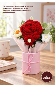 3 Adet El Örgüsü Saksıda Gül Buketi El Yapımı Dekoratif Çiçek Aranjmanı, Saksı Gülü, Handcrafted Rose Bouquet, Handmade Potted Rose 1 3 Adet El Örgüsü Saksıda Gül Buketi El Yapımı Dekoratif Çiçek Aranjmanı, Saksı Gülü, Handcrafted Rose Bouquet, Handmade Potted Rose 1