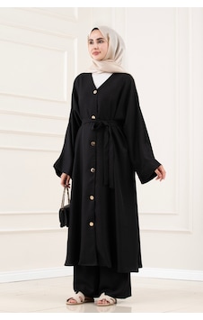 Sevitli Düğmeli Davin Abaya İkili Takım-siyah-5979